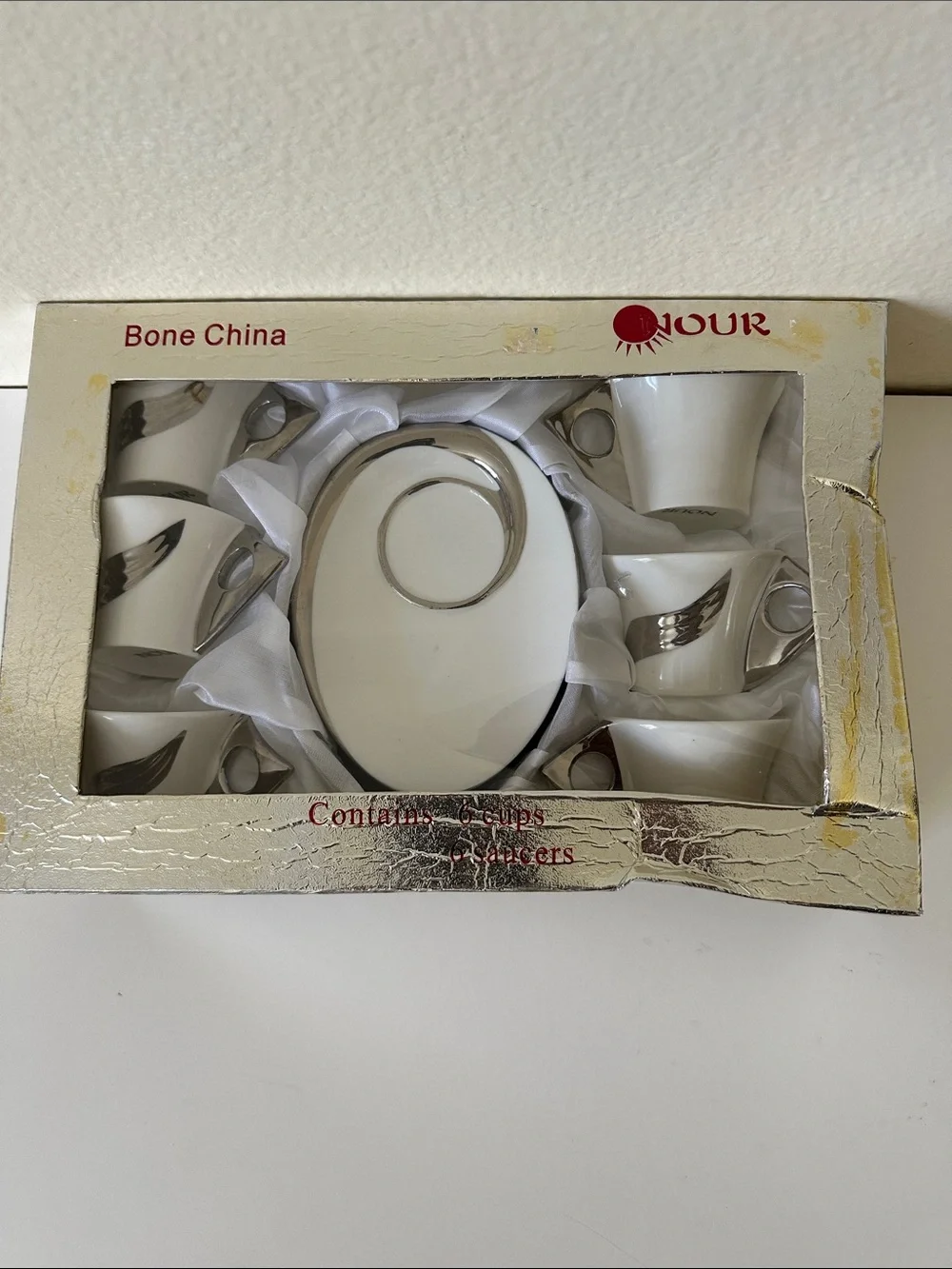 Nour White & Silver Ceramic Espresso Cup Set Of Six Cups With Saucers